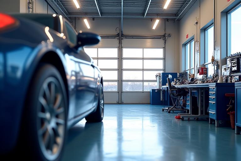 Intérieur lumineux et propre du garage Roues Libres Services avec des outils et un véhicule en réparation, illustrant le professionnalisme.